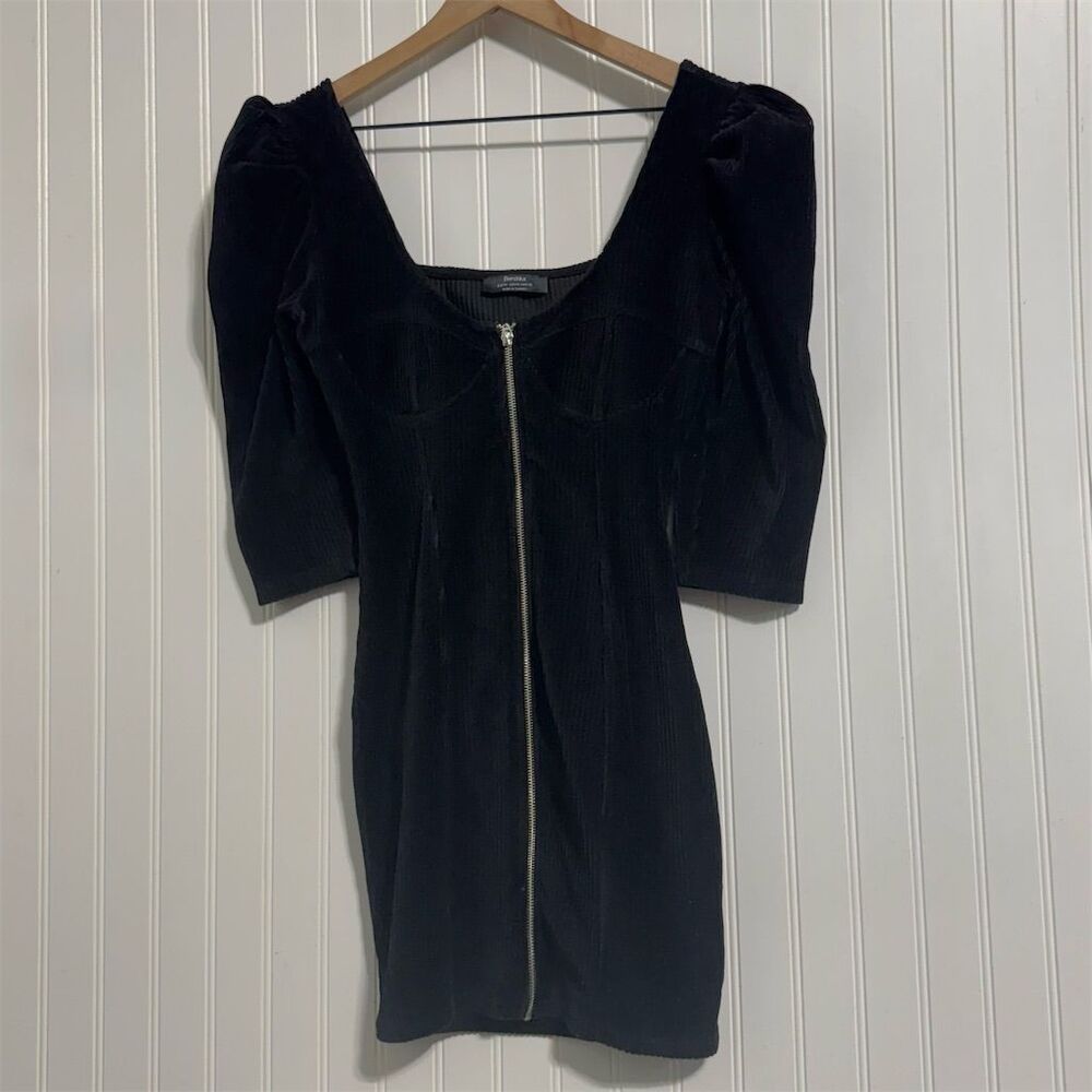 Bershka Black Corduroy Mini Dress Puff Sleeve Square Neck Zip‎ Up Bustier M